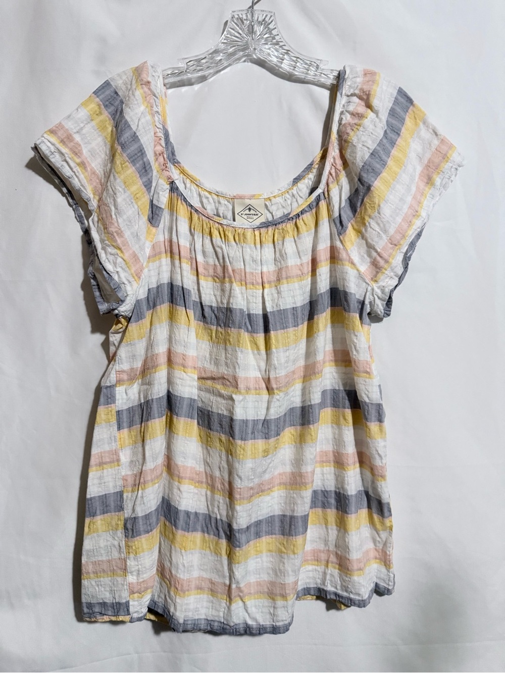 St. Johnโs Bay Womenโs L Yellow/Gray/Pink/White Striped Scoop Neck Cap Blouse